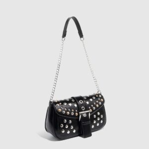 Trendy Punk Style Mini Crossbody Bag – Shoulder Handheld Small Square Purse With Studs & Chain Strap (Black/Burgundy)