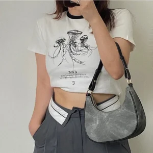 Casual Women Half Moon Underarm Bags Gray PU Leather Hobos Shoulder For Female All Match Ladies Crossbody Bag Purse