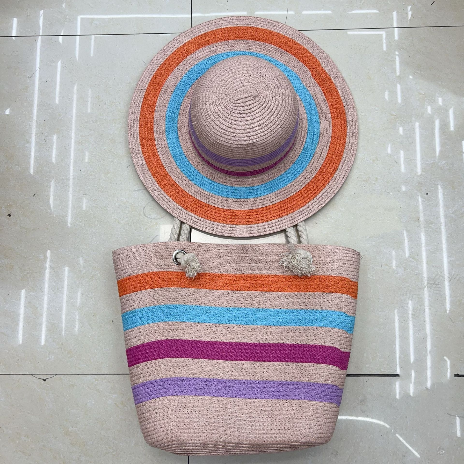 Summer Women's Colorful Patchwork Beach Bag Straw Hat Fashion In Stok