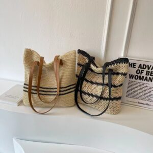 Large capacity mom shopping handbag, multifunctional handmade grass woven bag, women’s summer shoulder bag