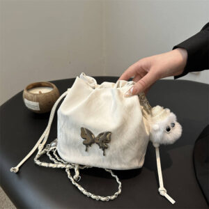 Vintage Fringe Chain Mini Bucket Bag Ladies Butterfly Decor Plush Owl Charm Handbag