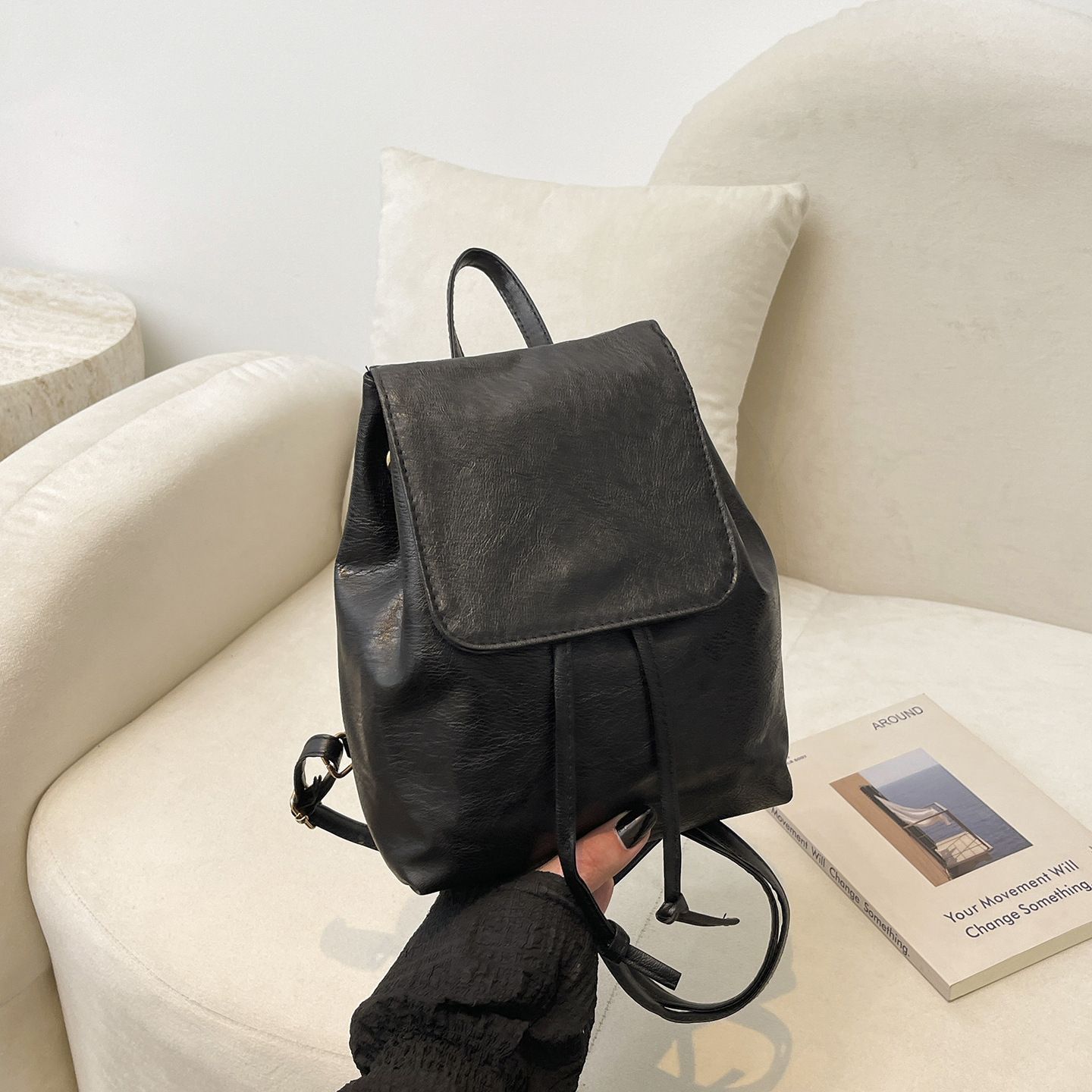 Cartoon Face Drawstring Backpack Women Soft‑Leather Multi‑Purpose Crossbody Shoulder Purse - Image 2