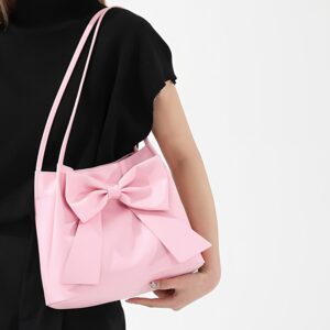 Women Black Bow Detail Shoulder Bag Sweet Fashion Faux Leather Daily Underarm Handbag