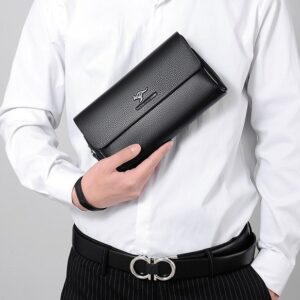 Men’s Multi-Functional Long Leather Wallet Zippered Clutch Bag Business Casual Handbag Black Brown