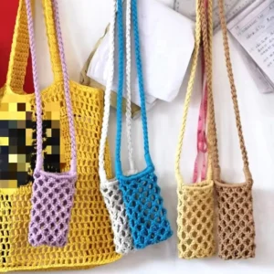 Women Fashion Small Crossbody Phone Bag Solid Color Hollow-out Woven Crochet Lightweight Braided Shoulder Handbag 250324