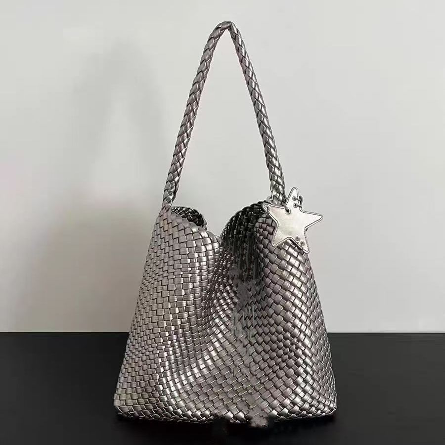 Champagne Color Woven Pattern Tote For Women, Large Capacity, Handheld And Shoulder Bucket Bag - Image 8
