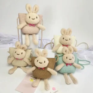 Cute Cartoon Rabbit Mini Straw Bag Handmade Woven Kid Messenger Bags Crossbody Handbag Storage Basket Coin Purse Po