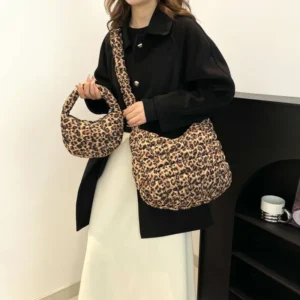New Cloud Leopard Print Handb For Women, Pleated Quilted Bubble Cotton B, Large Capacity Single Shoulder Crossbody