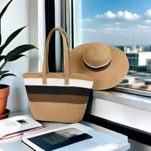 Women’s Straw Woven Tote Forest Design Shoulder Bag With Hat Cover For Summer Outdoor Travel And Beach Vacation