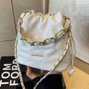 Women’s Diamond Patterned Embroidered Small Handbag Autumn Winter Style Tote Bucket Retro Textured Chain Versatile