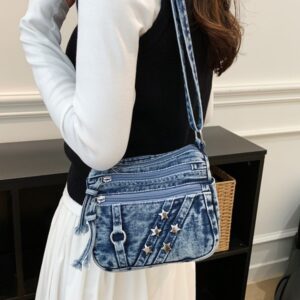 Multi-pocket Star-pattern Washed Denim 2026 New Fashion Personalized Small Square Bag, Winter Shoulder And Crossbody Bag