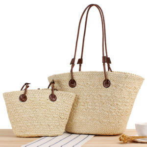 Stylish solid paper vintage color contrast large capacity holiday shoulder braided Tote bag