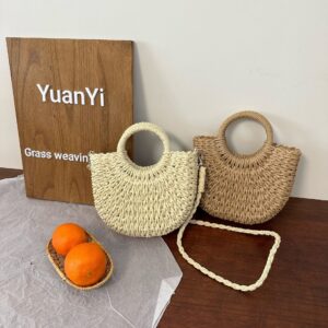 Beach Handwoven Simple Style Handbag Half-Round Straw Women’s Tote Bag
