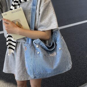 Large-capacity Heavy-duty Embroidered Patchwork Messenger Denim Bag, 2026 New Model, Multi-pocket Fashion Crossbody Bag
