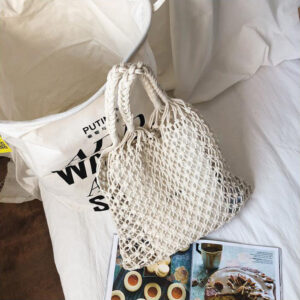(Including Inner Bag) Cotton Rope Woven Women’s Summer Hollow Fishnet Shoulder Casual Vacation Handbag Mesh Bag