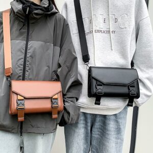 Unisex Crossbody Sling – Minimalist Lock-Flap Phone Pouch | Waterproof PU Messenger Bag For Daily Commute (Black/Tan)