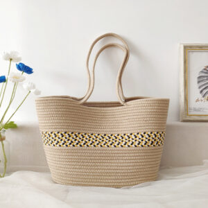 Bags Supply New Large Capacity Color Matching Cotton Rope Woven Women’s Beach Vacation Straw Commuter Shoulder Bag