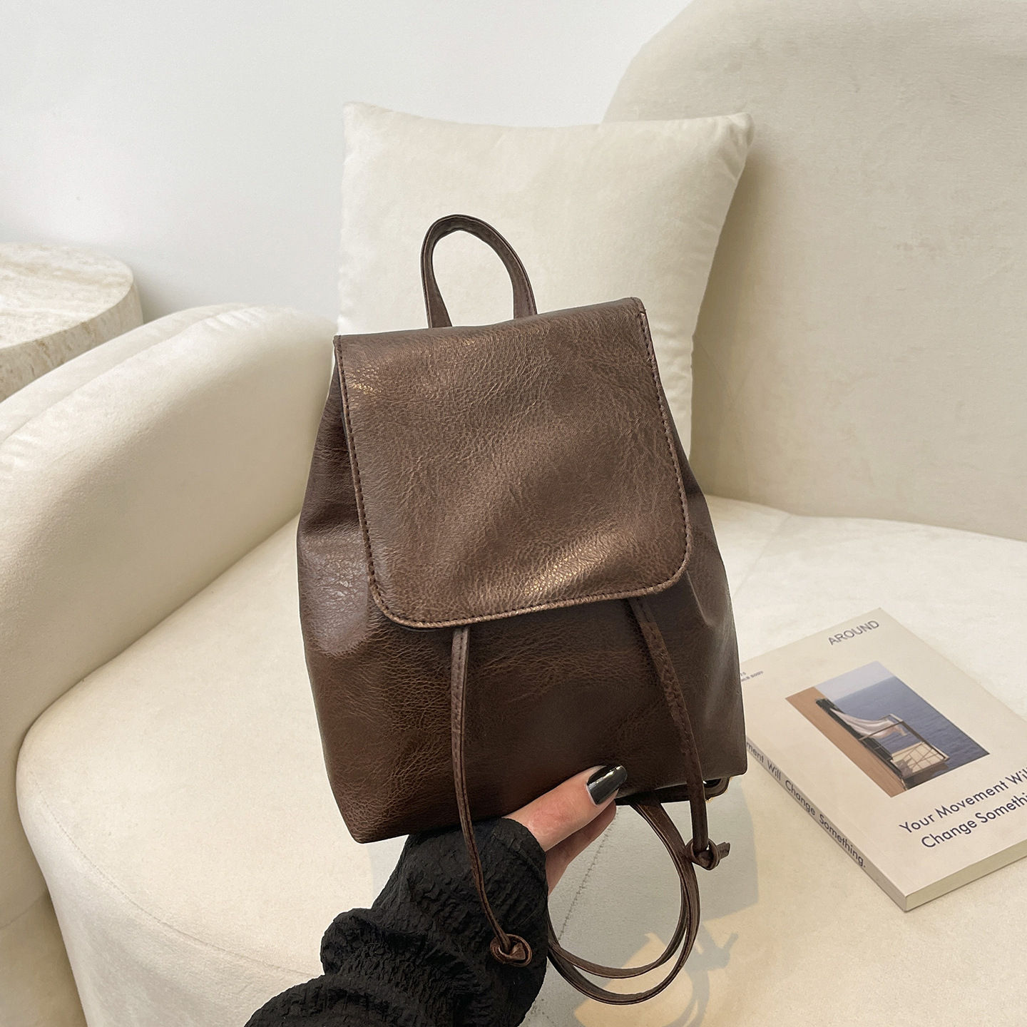 Cartoon Face Drawstring Backpack Women Soft‑Leather Multi‑Purpose Crossbody Shoulder Purse - Image 3