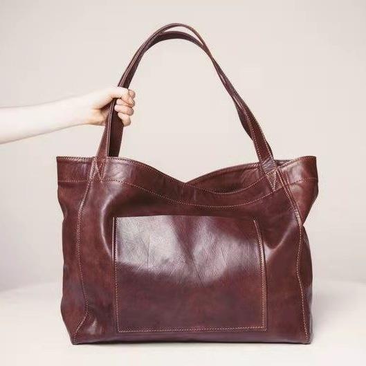 Pocket Women's Big Soft Hand-held Shoulder Retro Wax Leather Large Capacity 2026 New Tote Bag - Image 3
