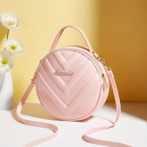 Elegant V Embossed Round Crossbody Bag For Women PU Leather Mini Circle Handbag Portable Top Handle Ladies Shoulder
