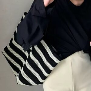 Textured Fashionable Black And White Grid Pattern Large Capacity Tote One Shoulder Woven Lazy Style Light Holiday