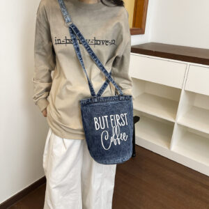 Korean-style Casual Printed Washed Denim 2026 New Model Simple Letter Personalized Bucket Shoulder Crossbody Bag