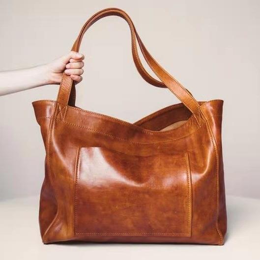 Pocket Women's Big Soft Hand-held Shoulder Retro Wax Leather Large Capacity 2026 New Tote Bag - Image 2