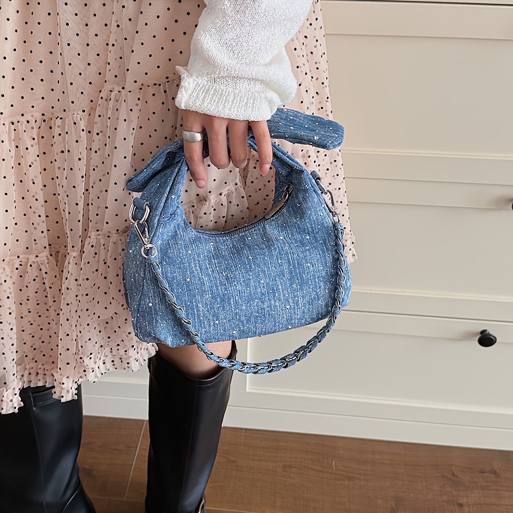 Knotted Denim Hobo Bag Women Braided Chain Crossbody Shoulder Handbag - Image 9