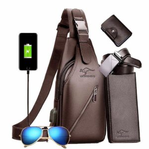 New Men’s Crossbody – PU Leather Chest Shoulder Bag With Multiple Pockets, USB Charging Port & Card Slots (Black/Brown,