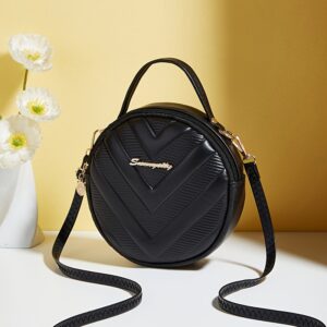Elegant V Embossed Round Crossbody Bag For Women PU Leather Mini Circle Handbag Portable Top Handle Ladies Shoulder
