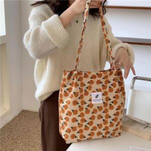 Printed Casual Korean Style Large Capacity Corduroy Canvas Tote Women’s Travel Plush Shoulder Bag