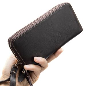 Men’s Long Wallet Genuine Leather Double Zipper Clutch Bag Large Capacity Business Card Case Classic Casual Fashion