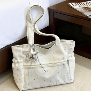 New Korean-style Star-studded Canvas Tote Bag, Large-capacity Shoulder Handbag Commuting And Casual Use, Versatile Style