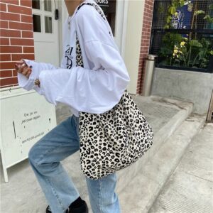 Korean Emis Trendy Leopard Print Canvas For Women, Casual Style Tote Bag, Large Capacity Commuter Niche Shopping Bag
