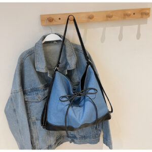Vintage Denim Bow Shoulder Bag Ladies Drawstring Closure Casual Crossbody Daily Shopping Handbag