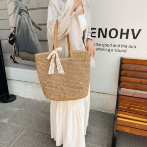 Women’s Woven Straw Tote – Large Capacity Light Luxury Beach Bag With Zipper Closure, Soft Fabric Lining, Multiple
