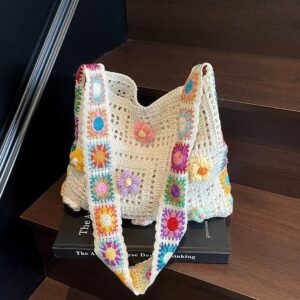 Hollow Out Knitted Yarn Tote Large Capacity Woven Beach Bag, Cute Casual Single Shoulder Handbag For Vacation Shopping