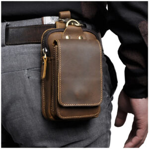 Premium Head Layer Crazy Horse Leather Cowhide for Men, Mobile Phone Camera, Outdoor 6-inch Small Waist Bag with Hook