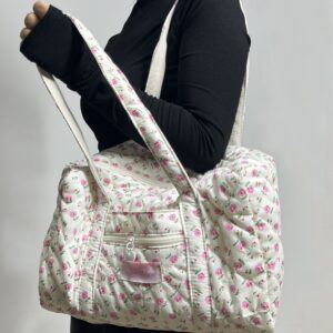 Diamond Pattern Embroidered Tote For Girls Lightweight Large Capacity Storage Short Trip Travel Shoulder Bag