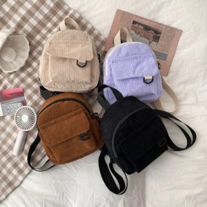 Fashion Women Mini Backpack Solid Color Corduroy Small Simple Casual Student Bookbags Traveling Backpacks