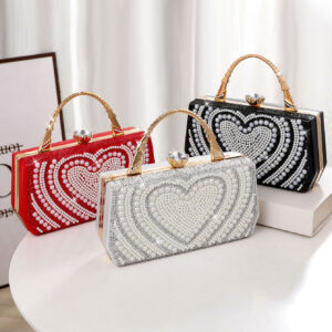 Pearl & Rhinestone Heart Pattern Evening Clutch Bag, Gold‑Plated Handle Hardcase Purse, Sparkly Bridal Handbag For