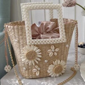 Women’s Bags Retro Seaside Holiday Beach Hand Woven Simple Pearl Beaded Large Capacity Vegetable Basket Straw Bag Bucket