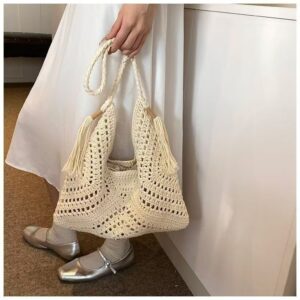Fashion Woven For Women Summer New Beach Knitted Casual Tassel Tote Shoulder Bag Hollow Large Capacity
