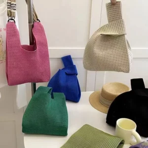 Handmade Knit Handbag Women Mini Knot Wrist-bag Female Casual Color Wide Stripe Plaid Tote Student Reusable Shopping Bag