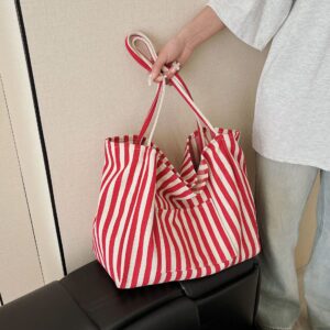 Women’s Light Luxury Striped Canvas Large Capacity Soft Shoulder Bag For Work Commute School Travel Student Commuting To