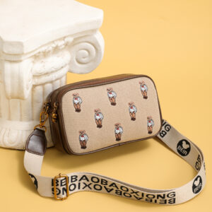 Genuine Wide Shoulder Strap Embroidered Canvas and Leather One-shoulder Crossbody Small Square Bag, Large Capacity.