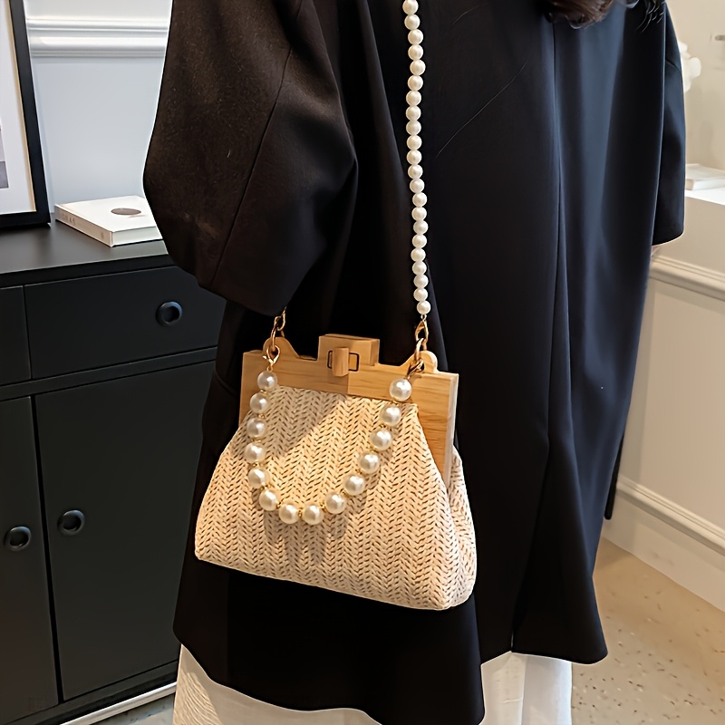 Bohemian Rattan Straw Bag Elegant Pearl Shoulder Chain Ladies Holiday Beach Party Purse - Image 9