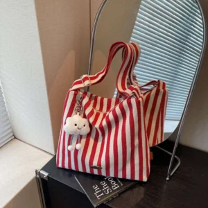 Korean Style Simple Fresh Striped Tote For Women Summer Fashion Casual Large Capacity Versatile Shoulder Crossbody Bag