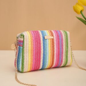 Rainbow straw 2026girl handbags woven camera versatile girls messenger chain bag
