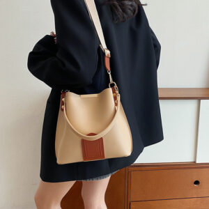 Cross-border Textured Bucket For Women 2026 New Fashion Commuter Handbag Shoulder With Color-blocking Wide Strap